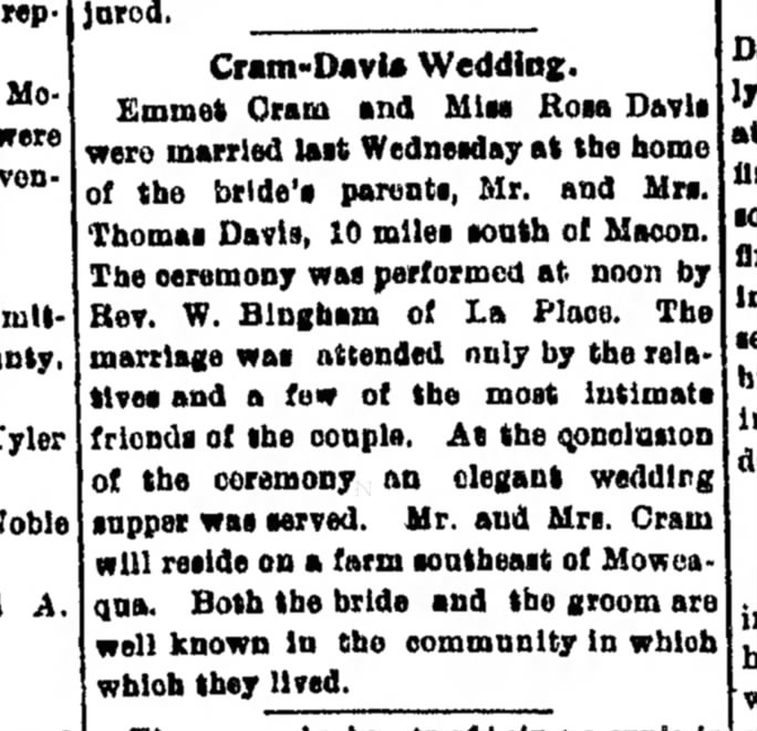 Emmett Cram and Rosa Davis married