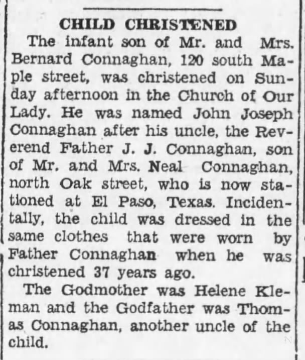 Baptism of John Joseph Connaghan 
Mt Carmel Item, 25 Feb 1936