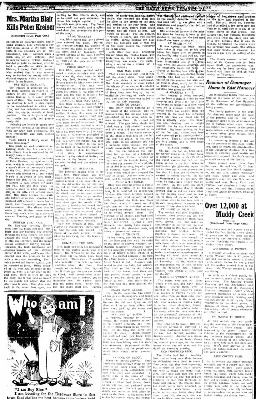 Mrs. Blair kills Peter Kreiser SORID DETAILS Lebanon Daily News 05 Aug 1912