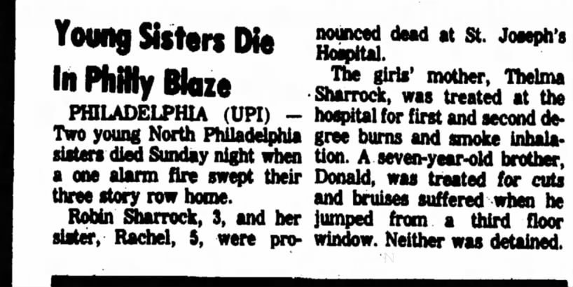 1974  Thelma Sharrock's 2 daughters die in a fire.  Son Donald survives.