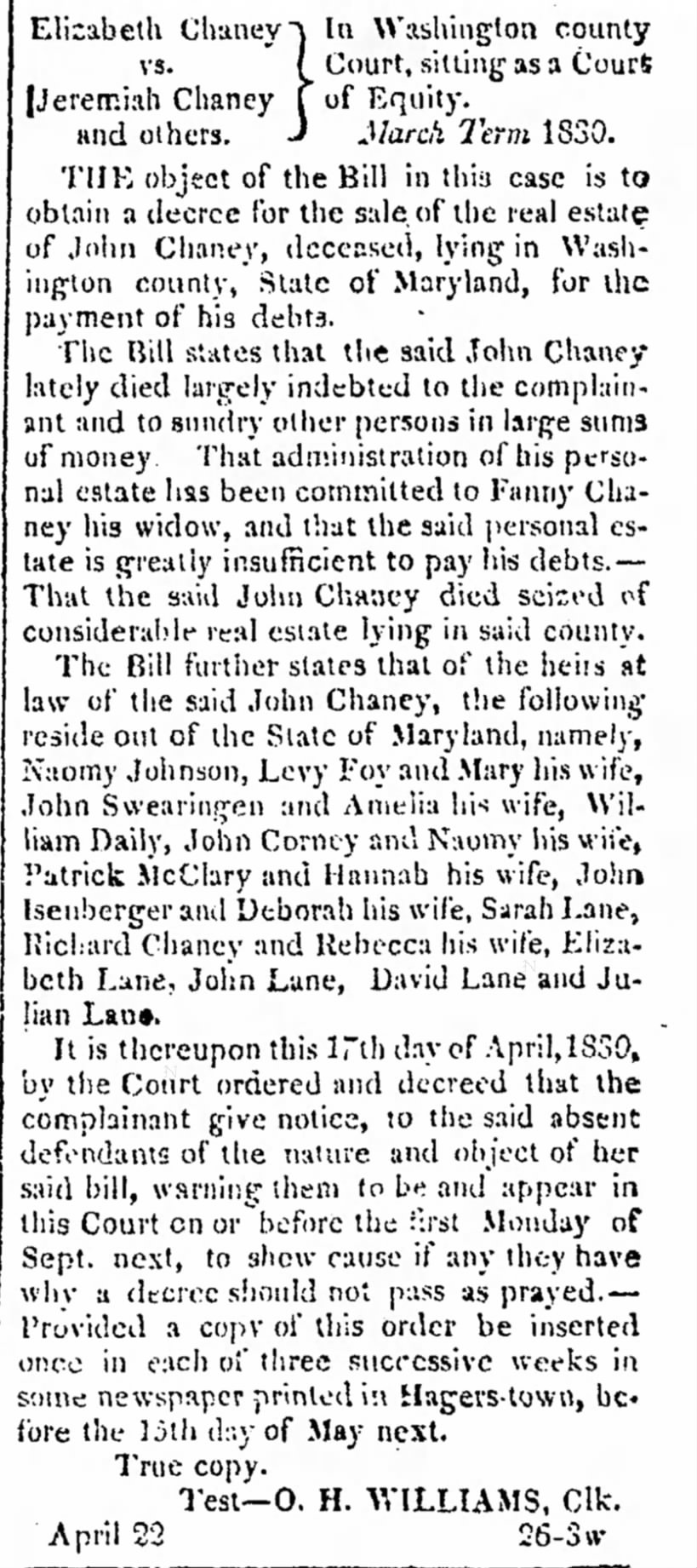Bill for sale of land - Elizabeth Chaney vs Jeremiah Chaney and others Term March 1830
Chaney/Steve