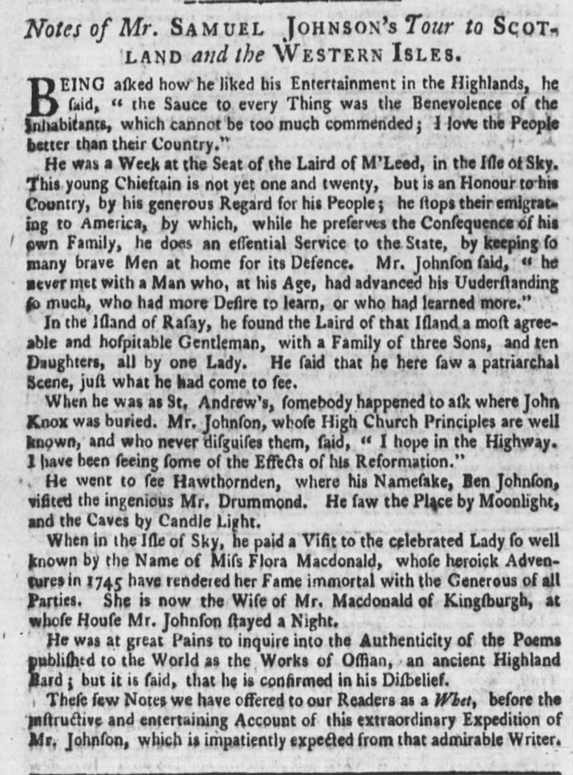 Samuel Johnson article on trip to Scotland_12 May 1773  VA Gazette