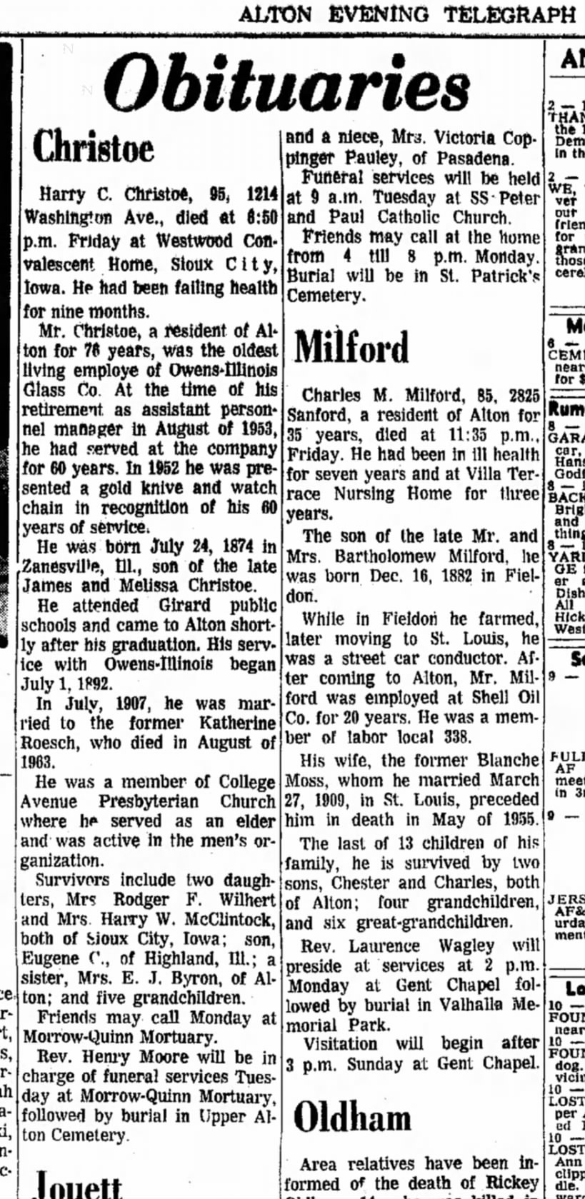 B Milford's son and Harry Christoe Obits
