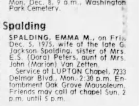 Spalding, Emma M. (Roos) obit, St. Louis Post-Dispatch, 7 Dec 1975