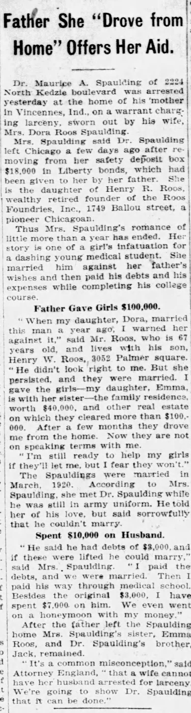 Spalding, Dora (Roos) news article, Chicago Tribune, 19 May 1921