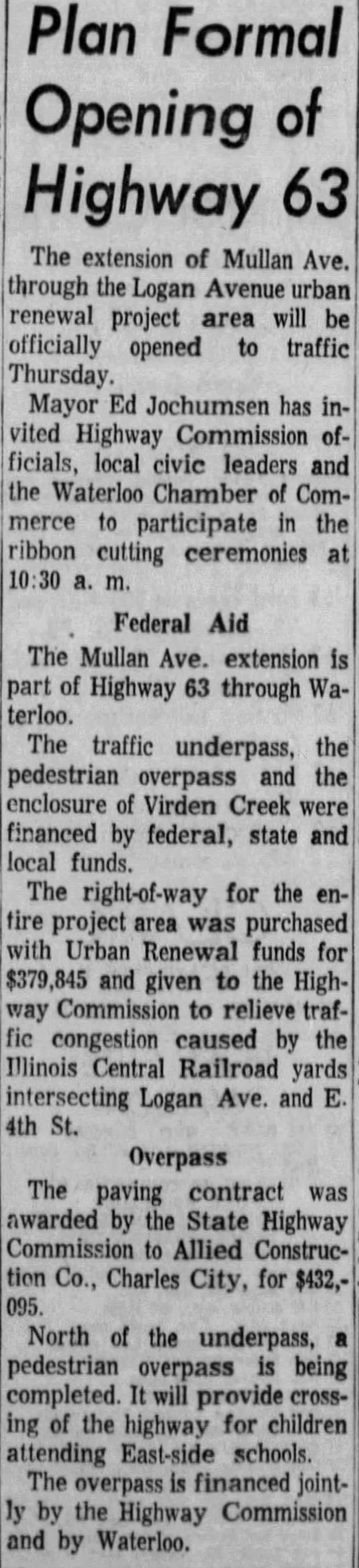New extension of US 63 opens north of Franklin Street (Old US 20)  (Opens Halloween 1963)