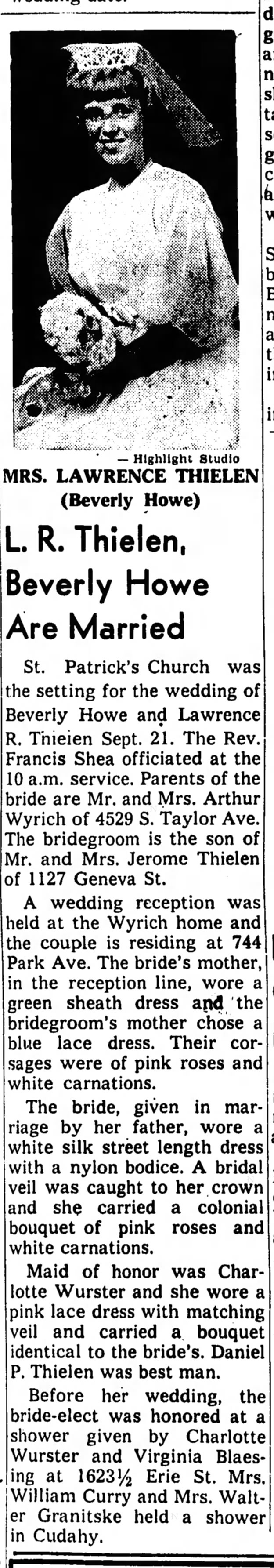 Larry Thielen (Brother) and Bev Howe - Marriage report September 1963