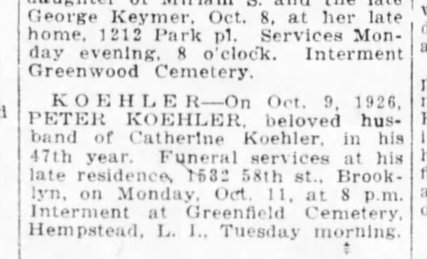 Peter Koehler Obit October 10, 1926  Brooklyn Eagle