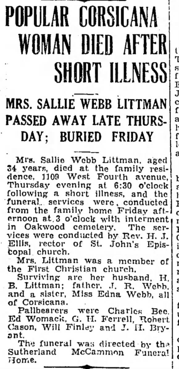Sallie Webb Welch Corsicana texas passed away 11 Feb 1932
