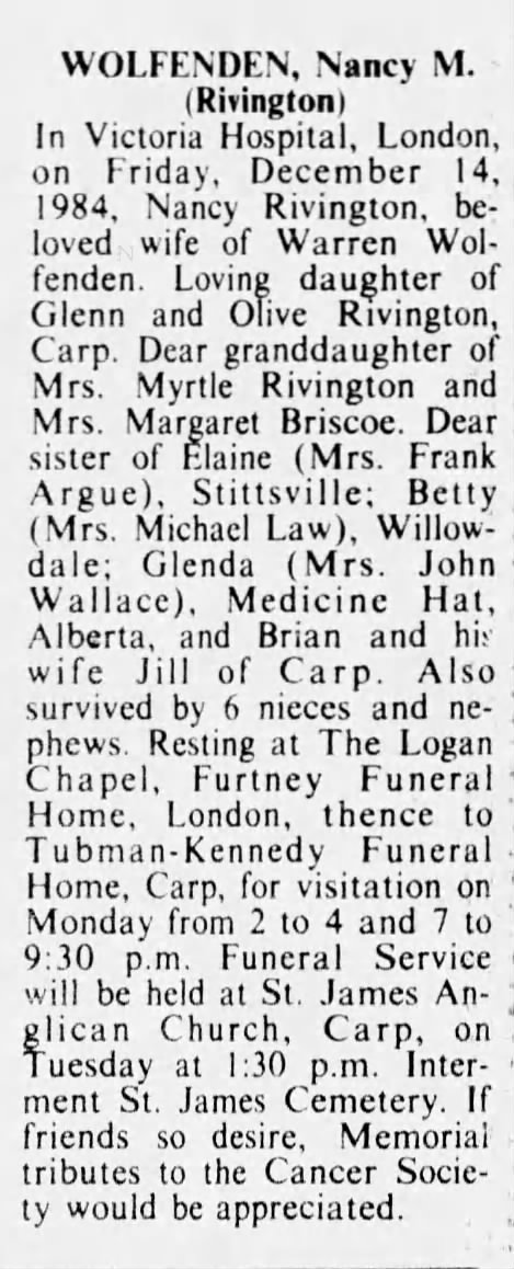 Obituary for Nancy M. WOLFENDEN