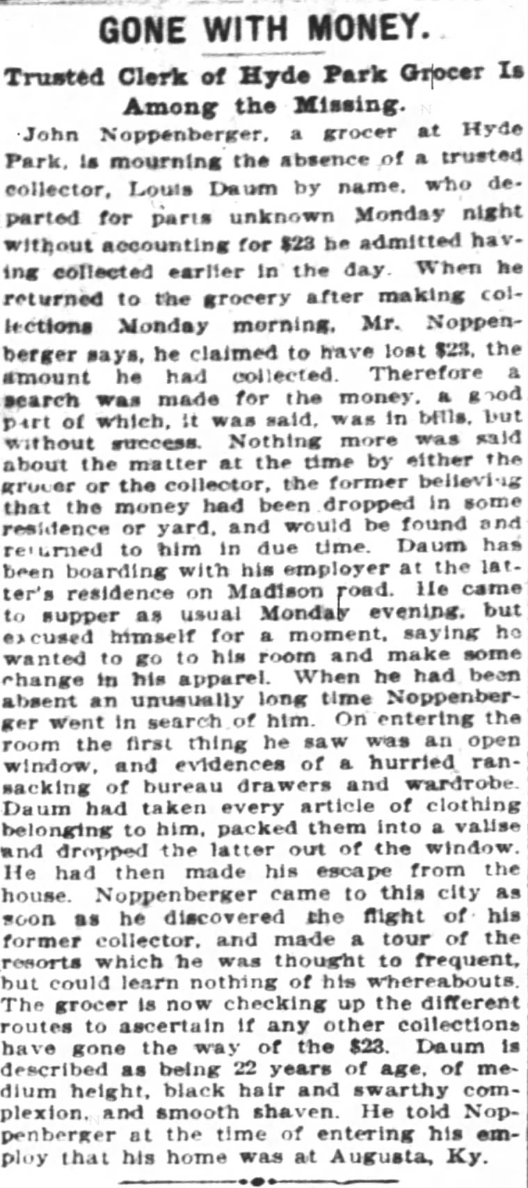 Cincinnati Enquirer 12-17-1902 Noppenberger Grocer Theft