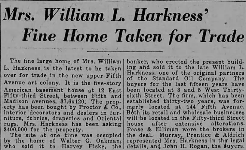 Mrs. William L. Harkness' Fine Home Taken for Trade