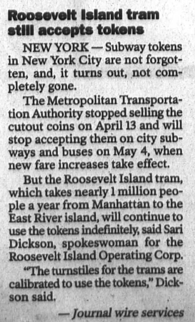 Roosevelt Island tram still accepts tokens