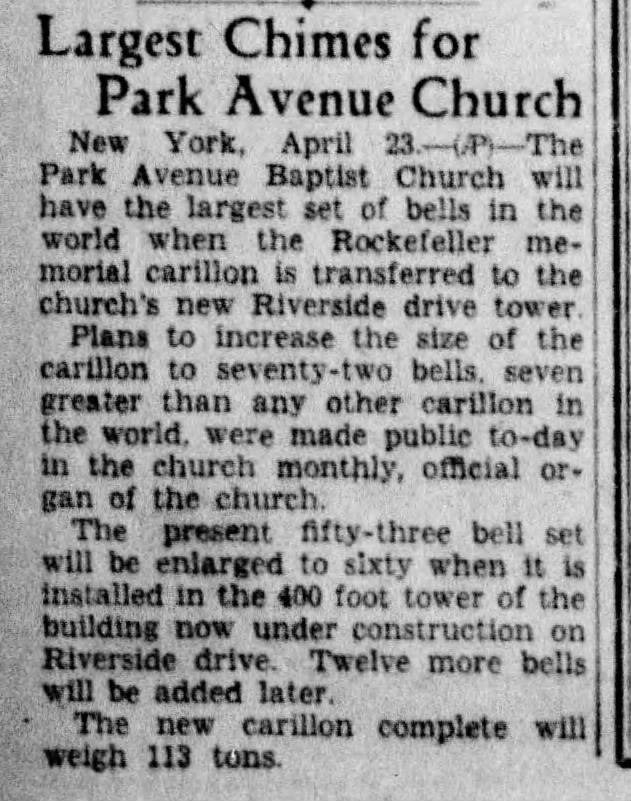 Largest Chimes for Park Avenue Church