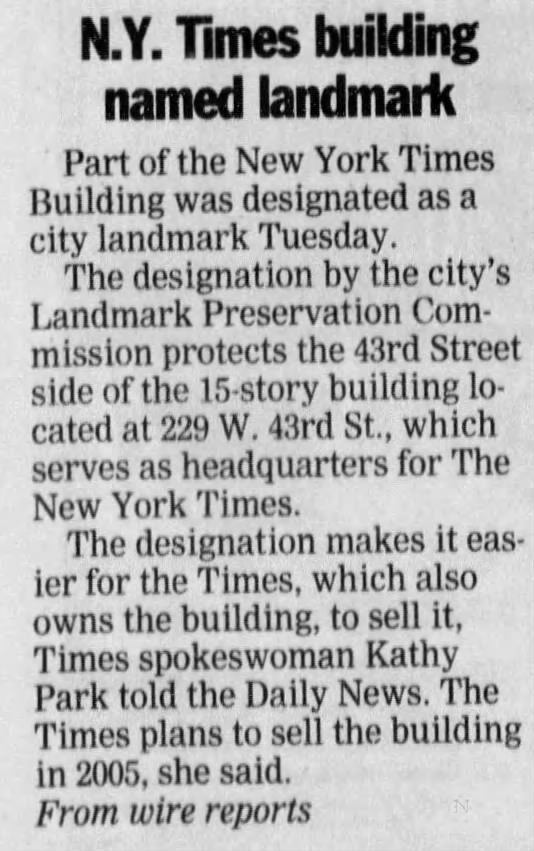 N. Y. Times building named landmark