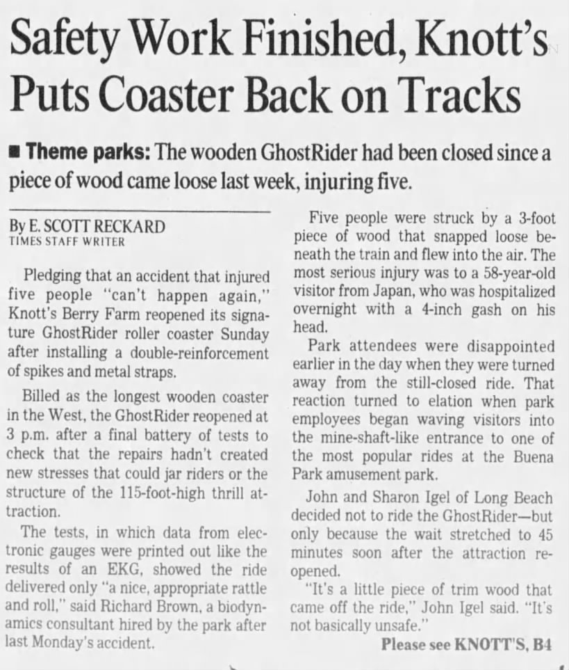 Safety Work Finished Knott's Puts Coaster Back on Tracks/E. Scott Reckard