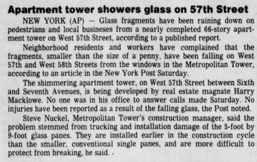 Apartment tower showers glass on 57th Street