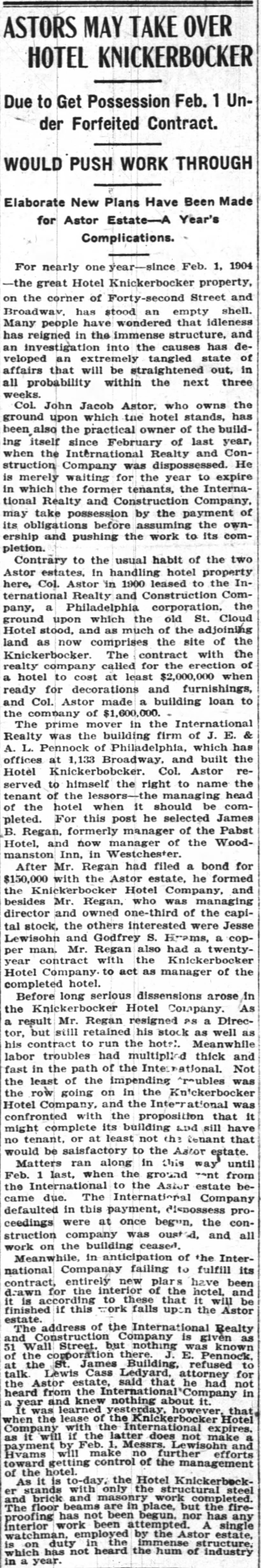 Astors May Take Over Hotel Knickerbocker