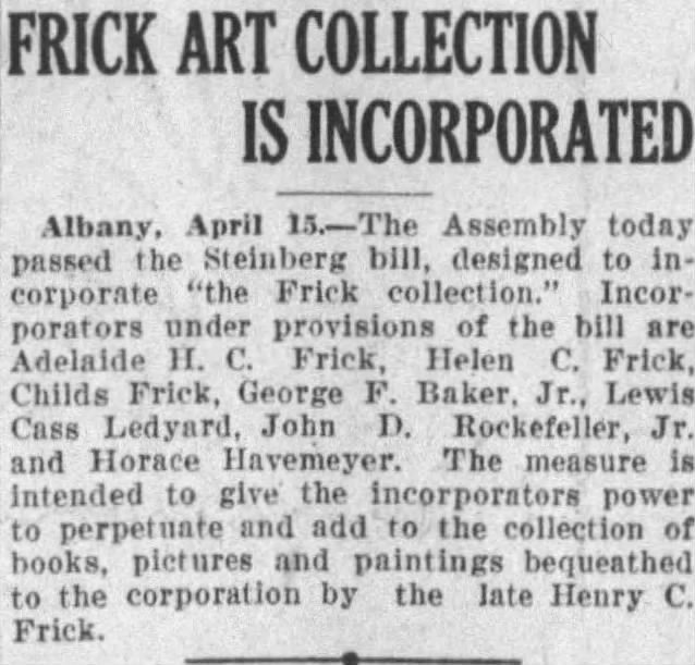 Frick Art Collection Is Incorporated