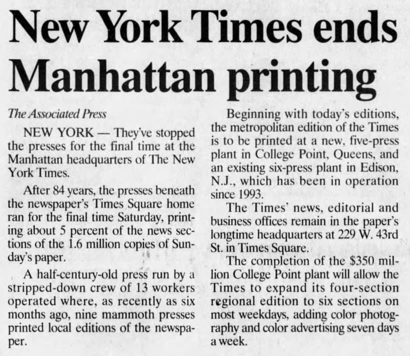 New York Times ends Manhattan printing