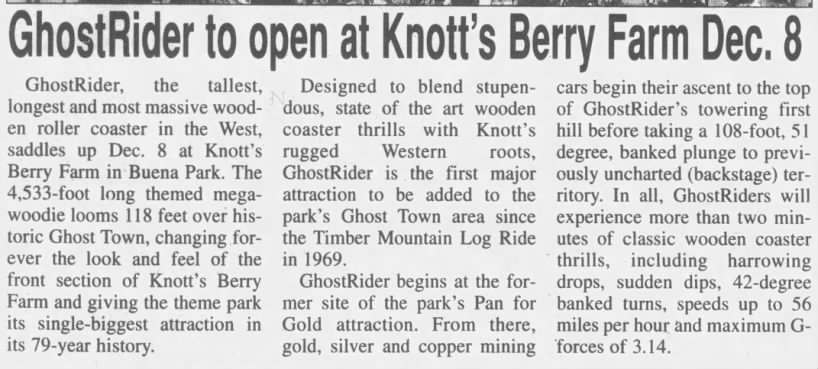 GhostRider to open at Knott's Berry Farm Dec. 8