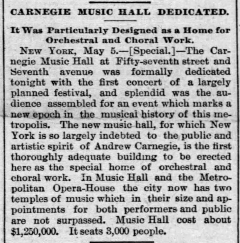 Carnegie Music Hall Dedicated