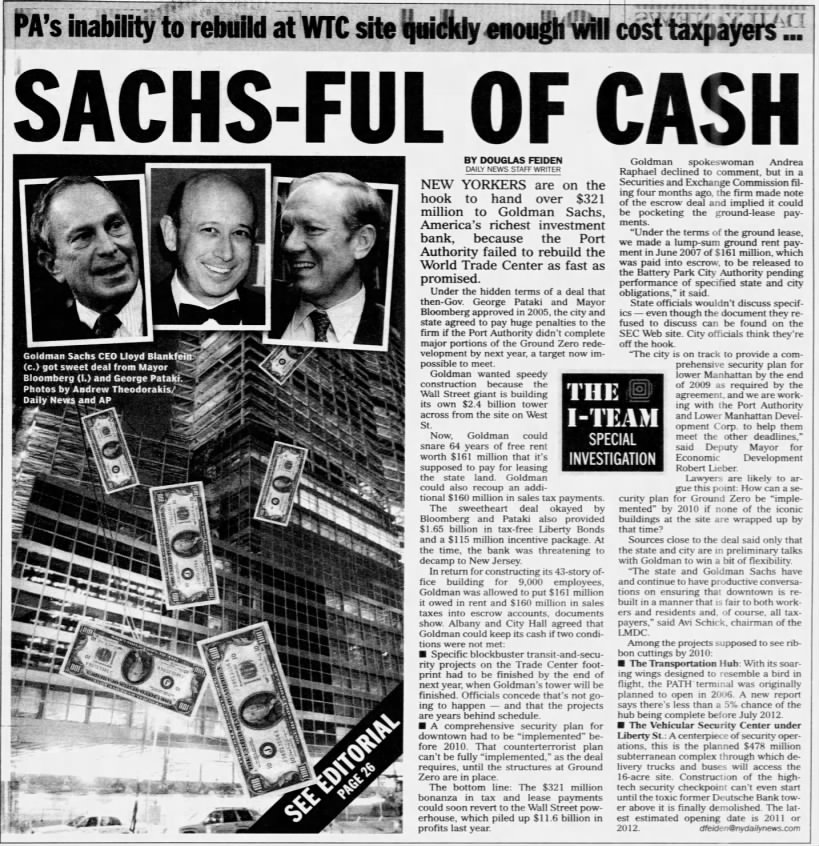Sachs-ful of Cash. PA's Inability to Rebuild at WTC Site Quickly Enough Will Cost Taxpayers