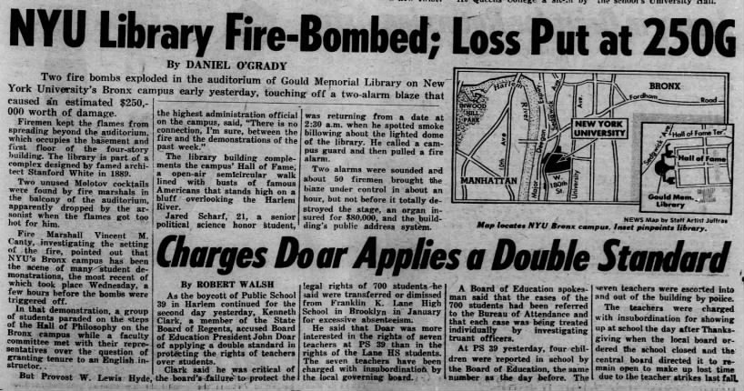 NYU Library Fire-bombed; Loss Put at 250G/Daniel O'Grady