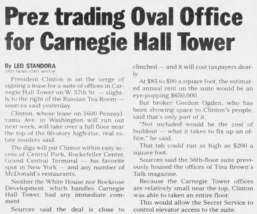 Prez Trading Oval Office for Carnegie Hall Tower