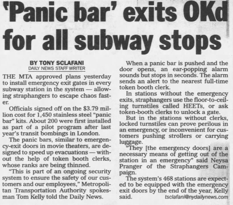 Panic Bar’ Exits OK’d for all Subway Stops