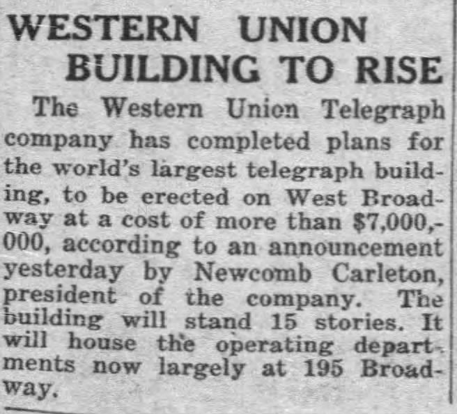 Western Union Building to Rise