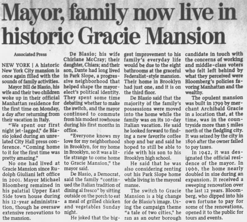 Mayor, family now live in historic Gracie Mansion