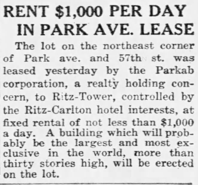 Rent $1,000 Per Day in Park Ave. Lease