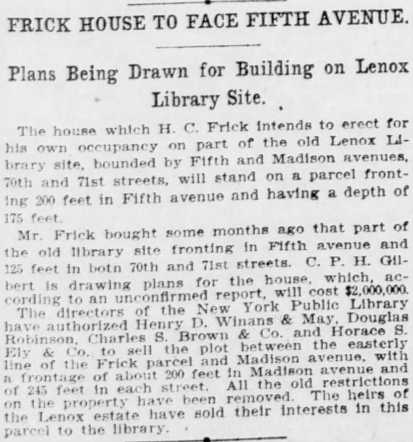 Frick House to Face Fifth Avenue