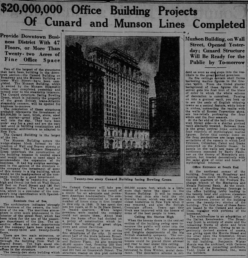 $20,000,000 Office Building Projects of Cunard and Munson Lines Completed