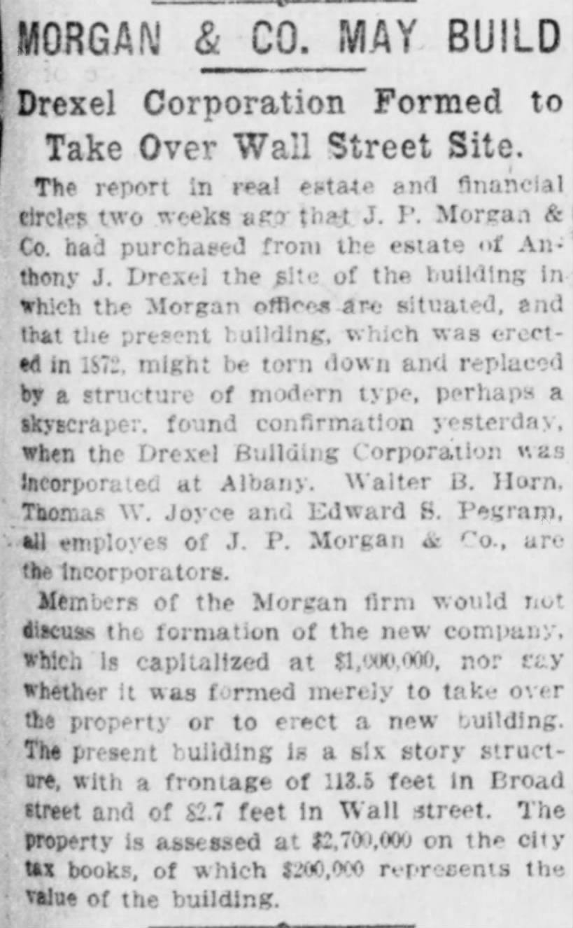 Morgan & Co. May Build: Drexel Corporation Formed to Take Over Wall Street Site