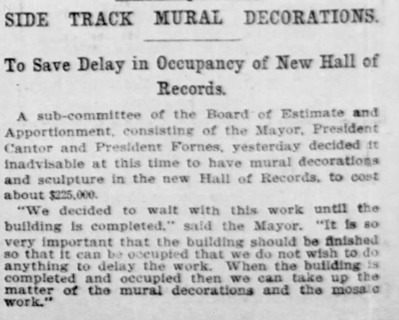 Side Track Mural Decorations: to Save Delay in Occupancy of New Hall of Records