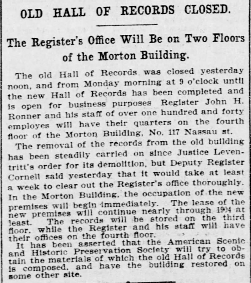 Old Hall of Records Closed: the Register's Office Will Be on Two Floors of the Morton Building