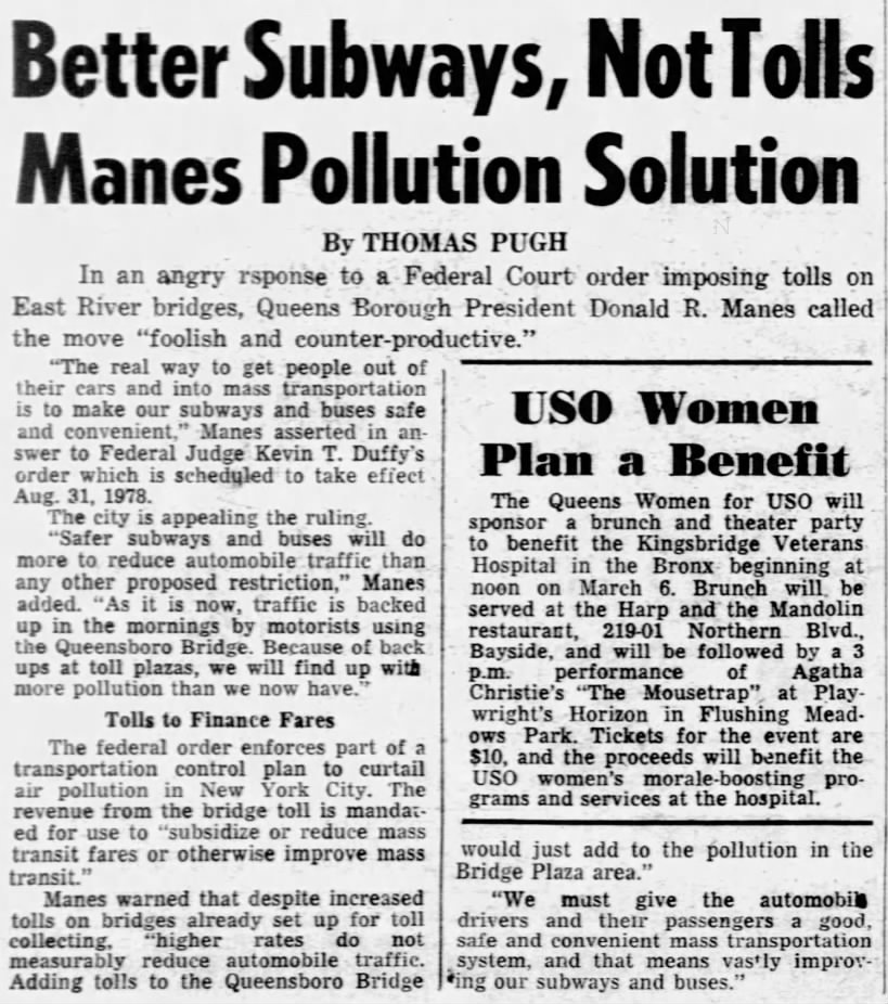 Better Subways, Not Tolls Manes Pollution Solution
