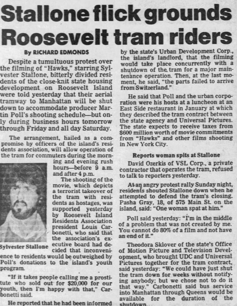 Stallone Flick Grounds Roosevelt Tram Riders