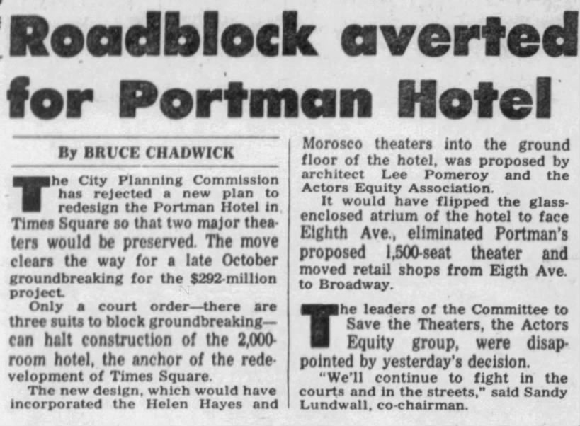 Roadblock averted for Portman Hotel/Bruce Chadwick