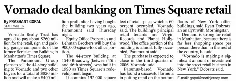 Vornado deal banking on Times Square retail/Prashant Gopal