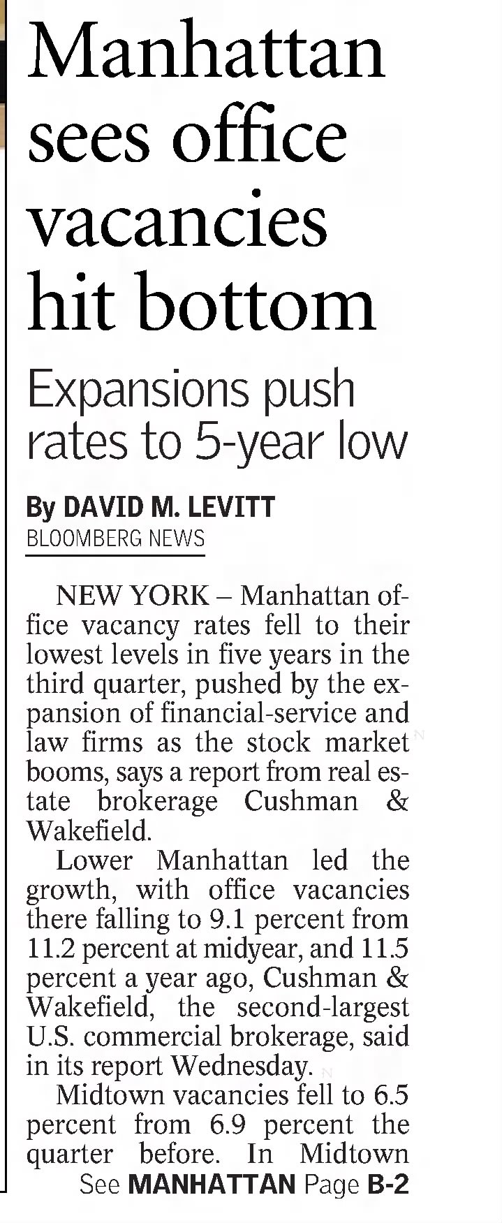 Manhattan sees office vacancies hit bottom/David M. Levitt