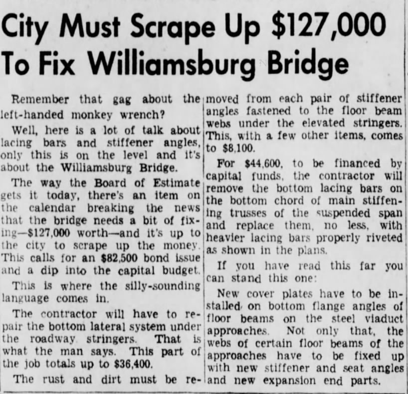 City Must Scrape Up $127,000 to Fix Williamsburg Bridge