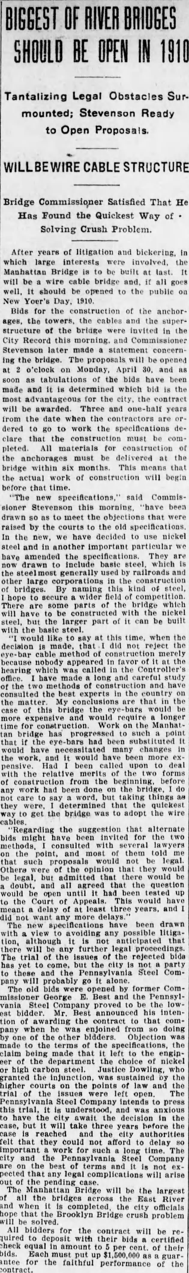 Biggest of River Bridges Should Be Open in 1910