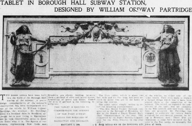 Tablet in Borough Hall Subway Station, Designed by William Ordway Partridge 