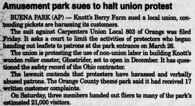 Amusement park sues to halt union protest