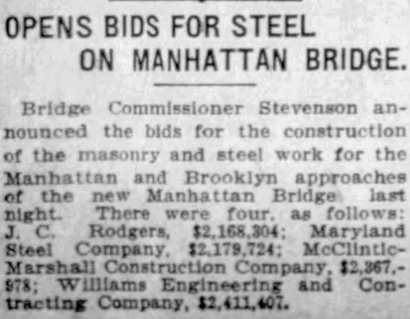 Opens Bids for Steel on Manhattan Bridge