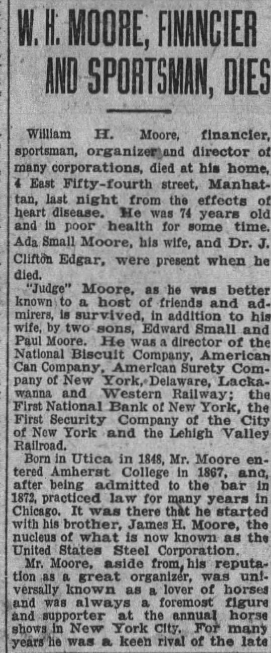 W. H. Moore, Financier and Sportsman, Dies