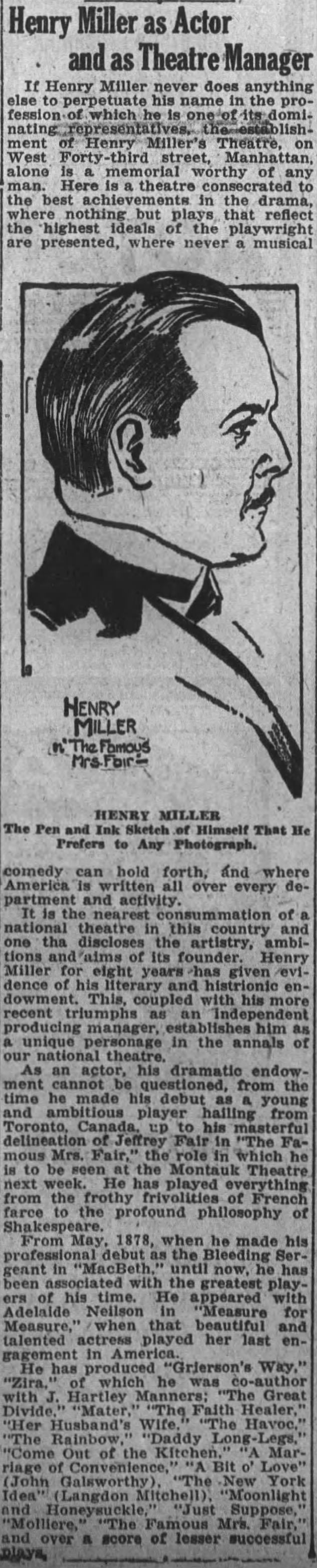 Henry Miller as Actor and as Theatre Manager